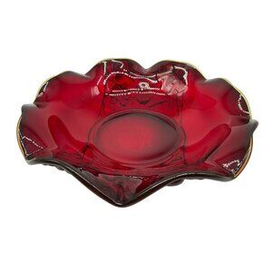 LG Wright Ruby Red Crimped Round Fruit Bowl Embossed Vintage 1960's to 70's Glow